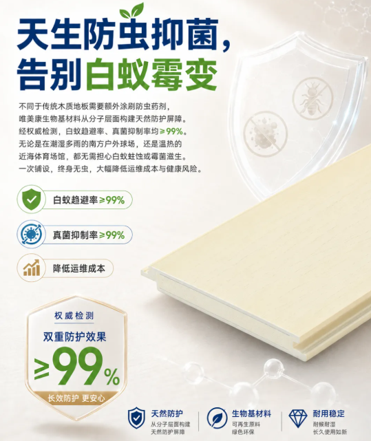 唯美康生物基運動地板基材實拍，原生防蟲抑菌，白蟻趨避率≥99%，有效杜絕霉變蟲蛀